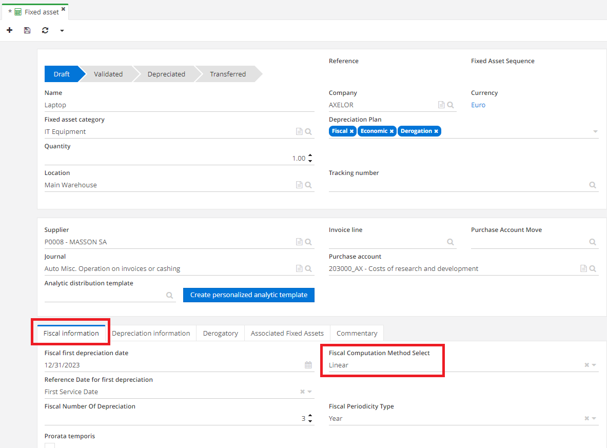 1.1. The fiscal information tab and its Fiscal computation method field
(linear or degressive). Note that the tabs with fields to be filled in
will appear once you have completed the fixed asset category.